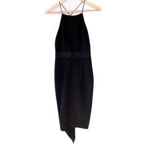 Milly Black High Neck Speghetti Strap Midi Asymmetrical Ruffle Black Dress 6